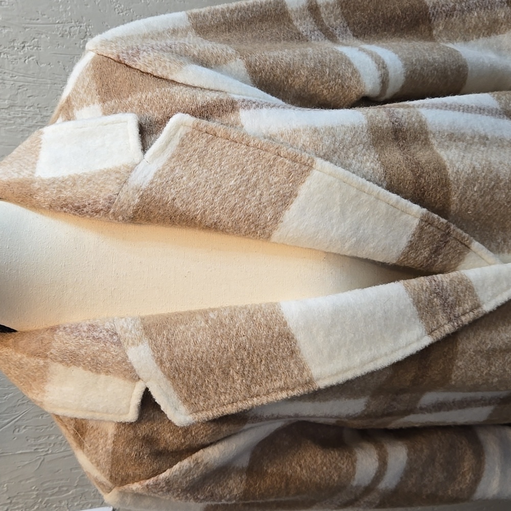New Cynthia Rowley Wool Blend Sweater  Coat Tan Beige Plaid - Picture 2 of 10